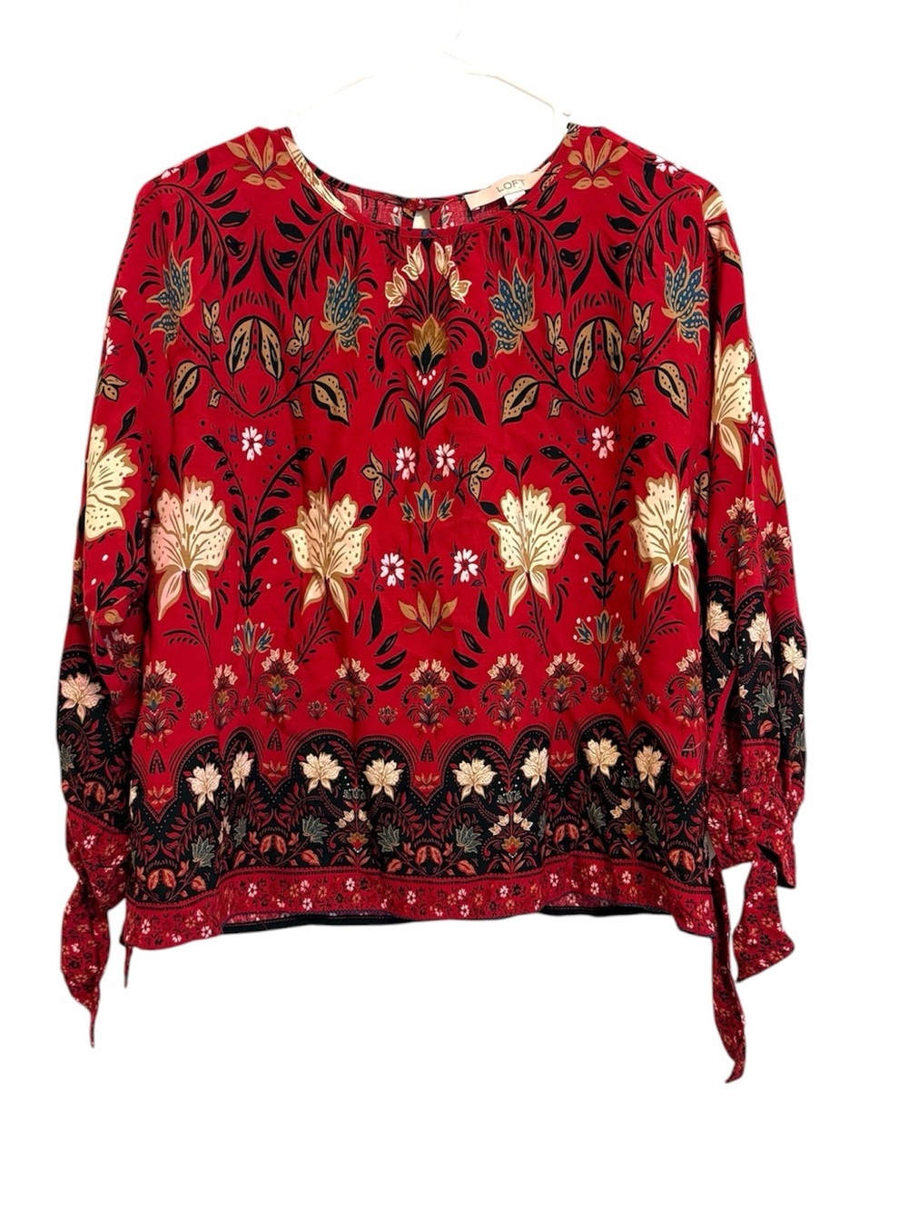 2/$30 LOFT Red Boho Floral Border Print Tie Sleeve Blouse XS